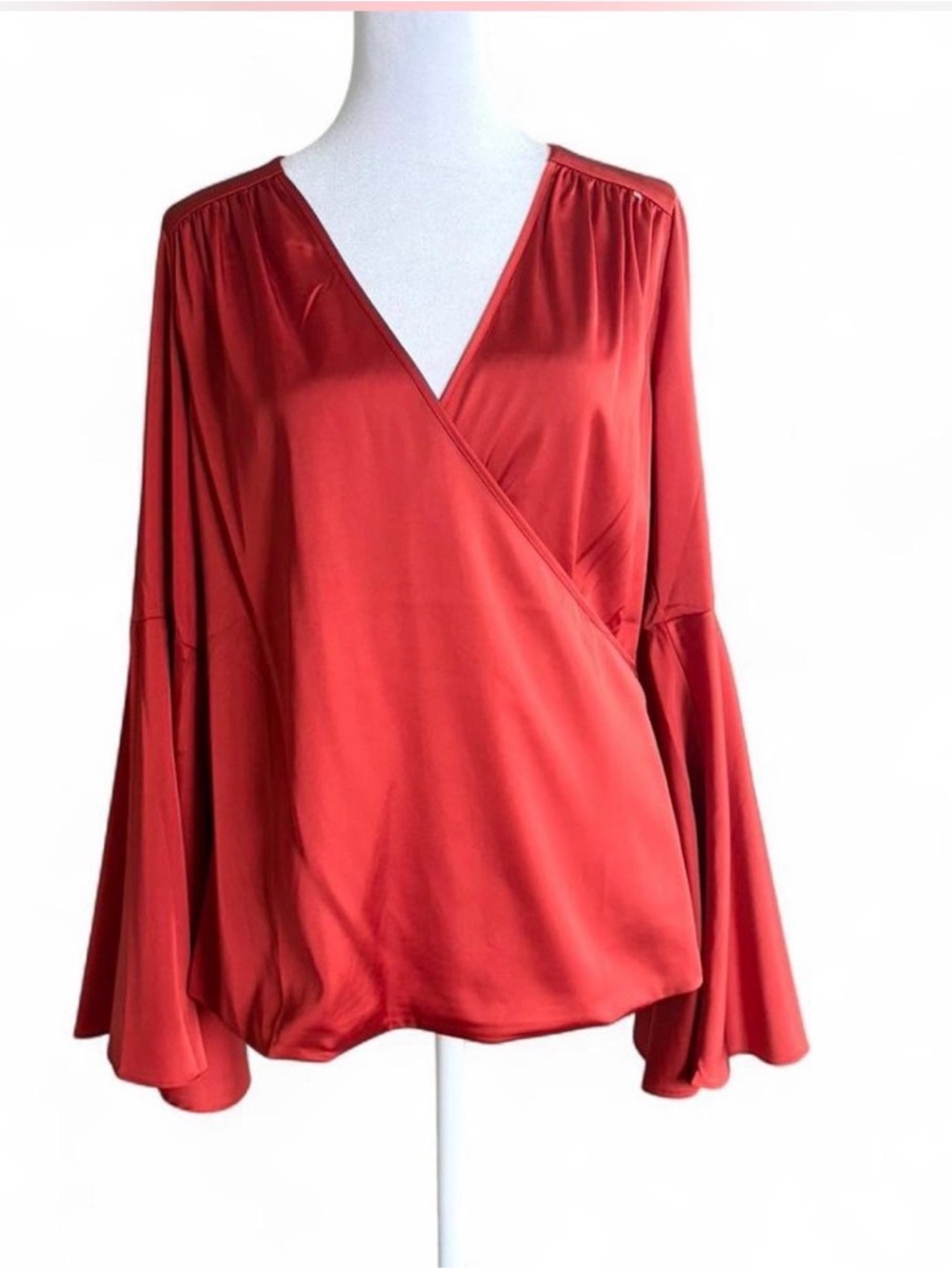 Boston Proper Rust Satin Surplice Blouse with Flared Sleeves
